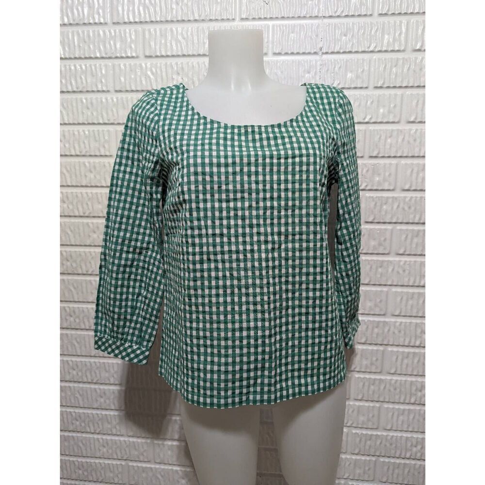J. Crew Women's XS Green White Seersucker Gingham Peasant Pullover Top